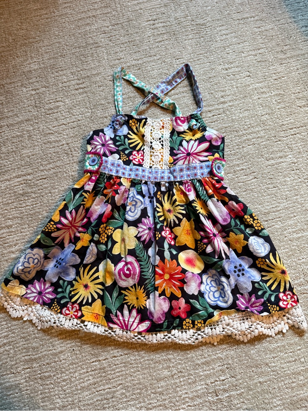 Matilda Jane Floral halter tunic with Crochet Trim - Black Multi